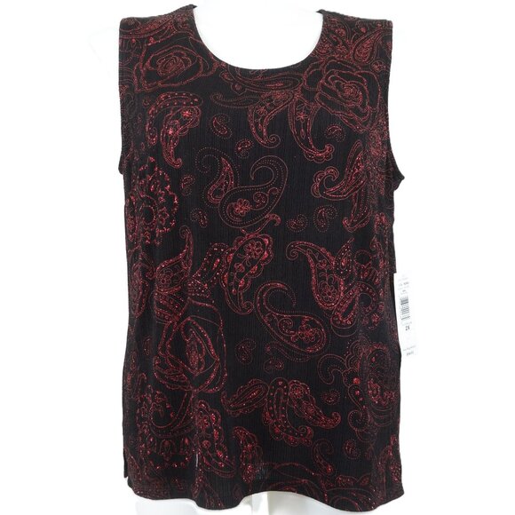 TanJay Women's PLUS 2X Red Black Shimmer Sleeveless Blouse Holiday Christmas NWT - Picture 1 of 9